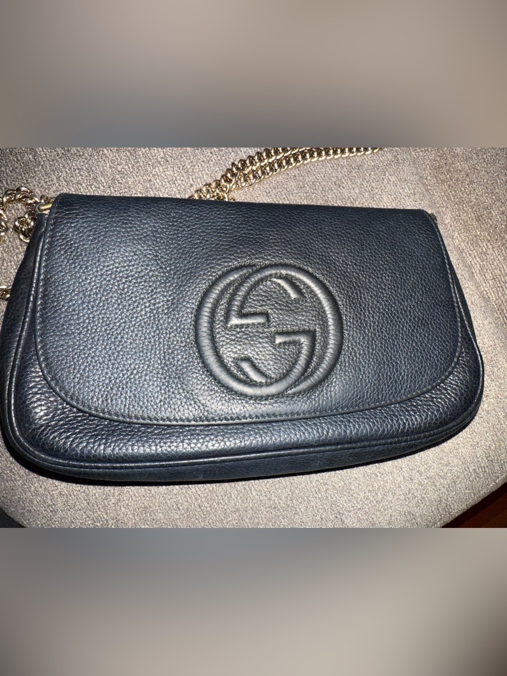 Gucci Soho Interlocking G Chain Bag Crossbody Black Calfskin Pebbled Leather